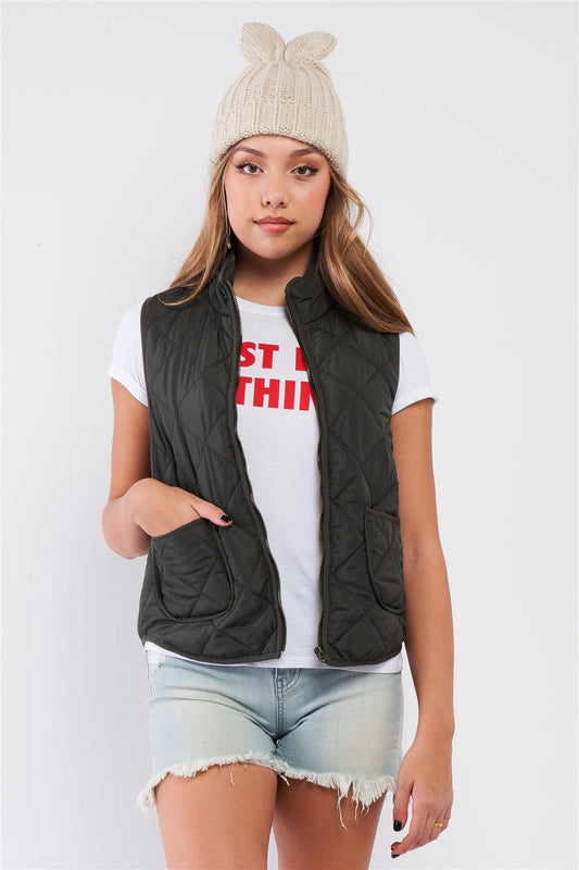 Olive Quilted Puff Two Pockets Zip-Up Turtleneck Vest