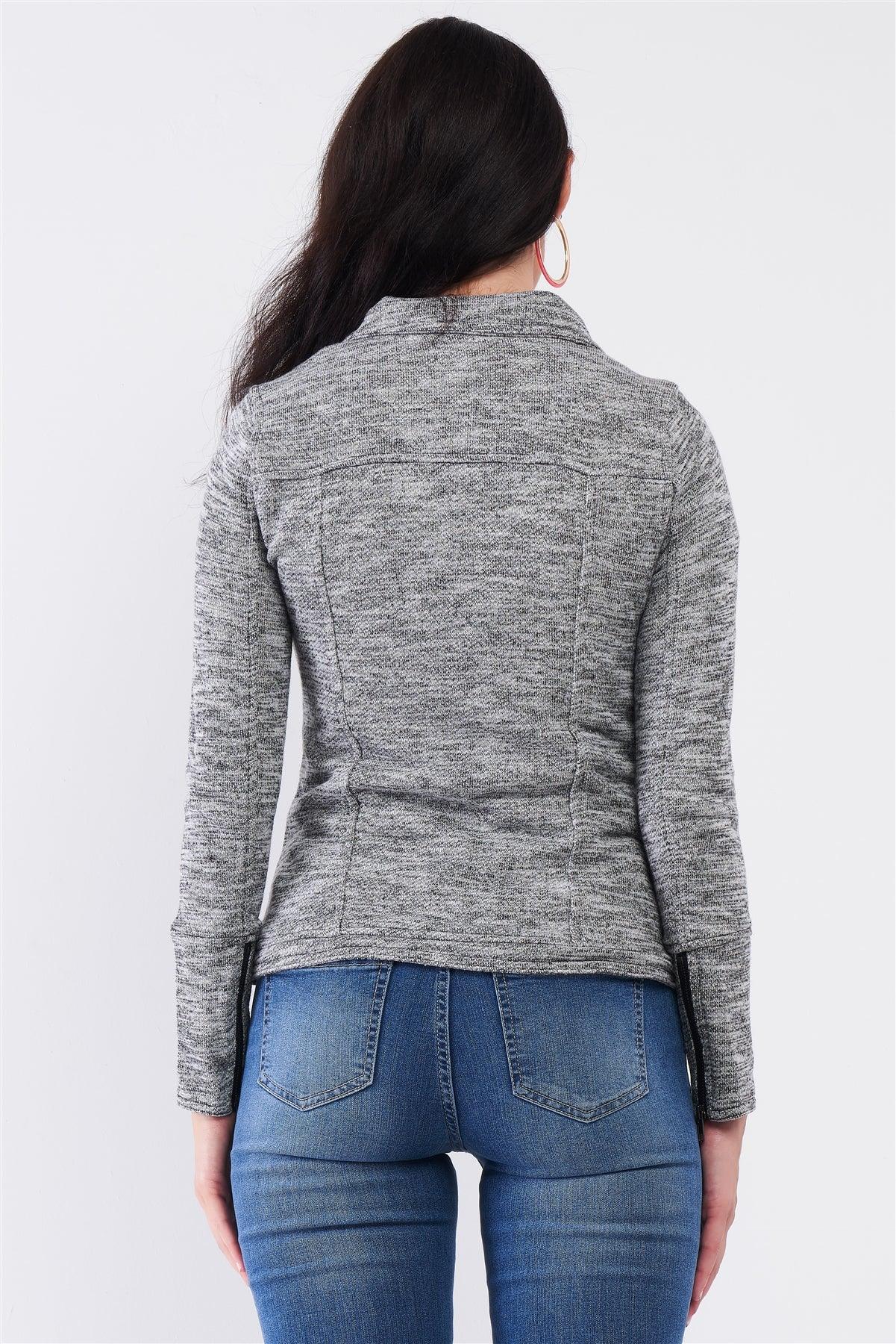 Heather Grey Knit Asymmetrical Zipper Front Long Sleeve Fitted Moto Jacket /2-2-2-1