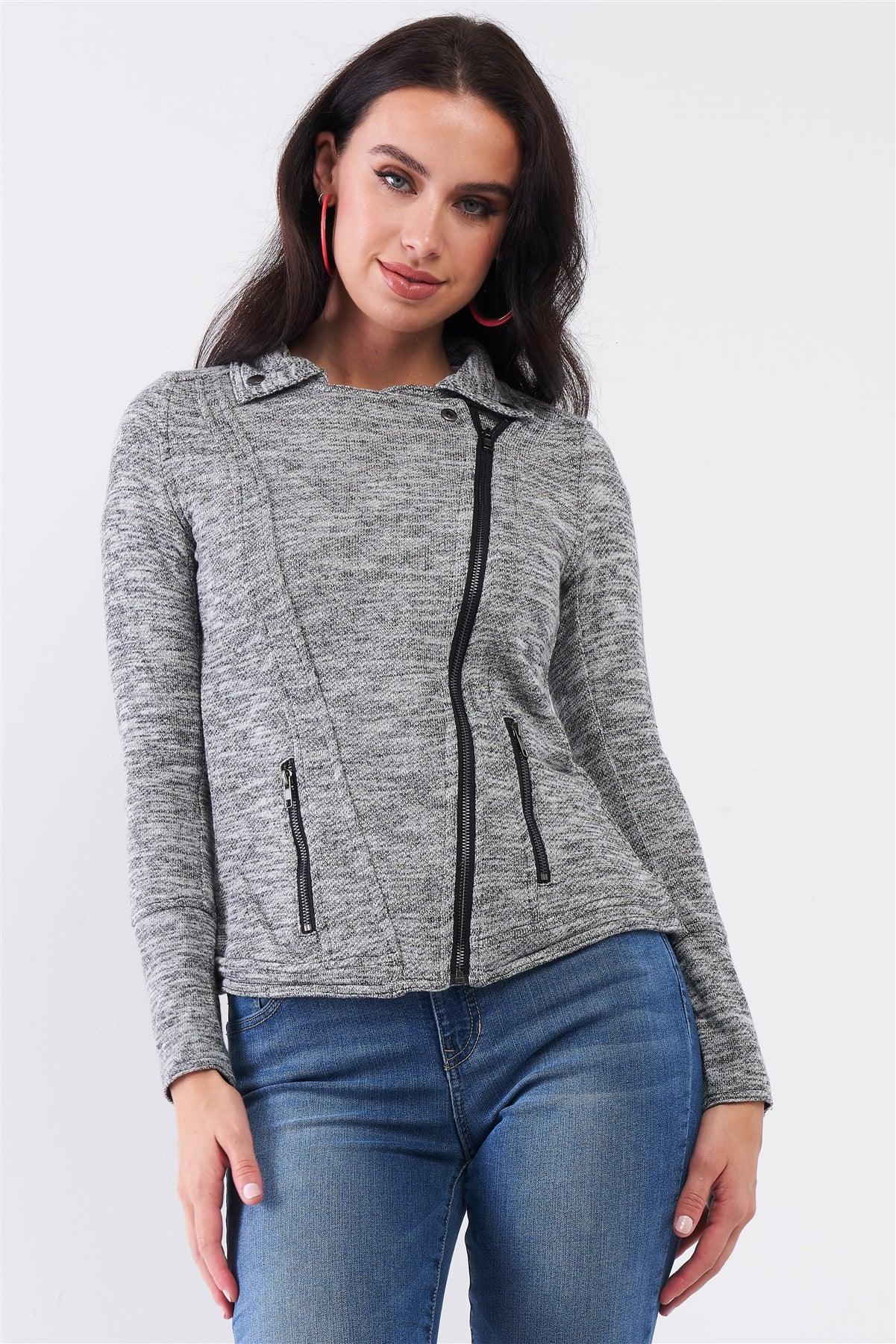 Heather Grey Knit Asymmetrical Zipper Front Long Sleeve Fitted Moto Jacket /2-2-2-1