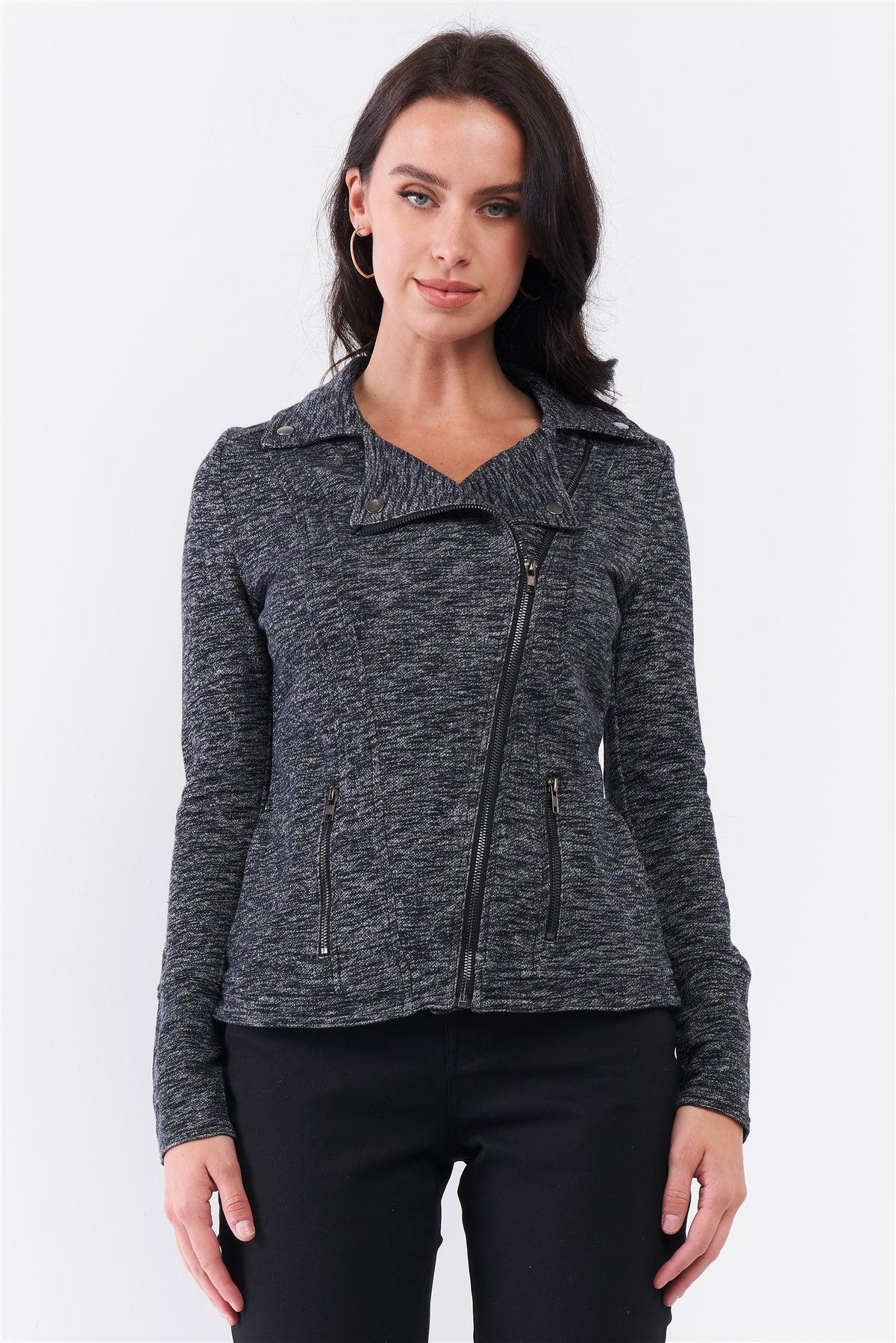 Charcoal Knit Asymmetrical Zipper Front Long Sleeve Fitted Moto Jacket /3-1-3