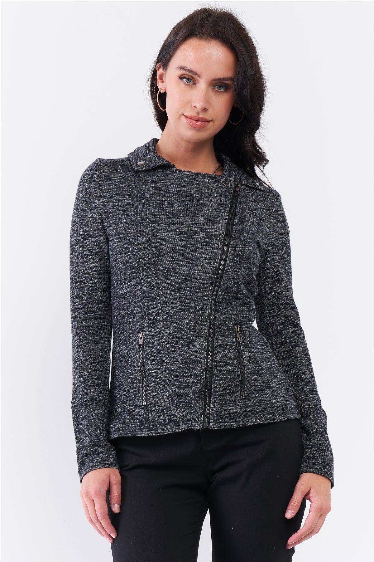 Charcoal Knit Asymmetrical Zipper Front Long Sleeve Fitted Moto Jacket /3-1-3