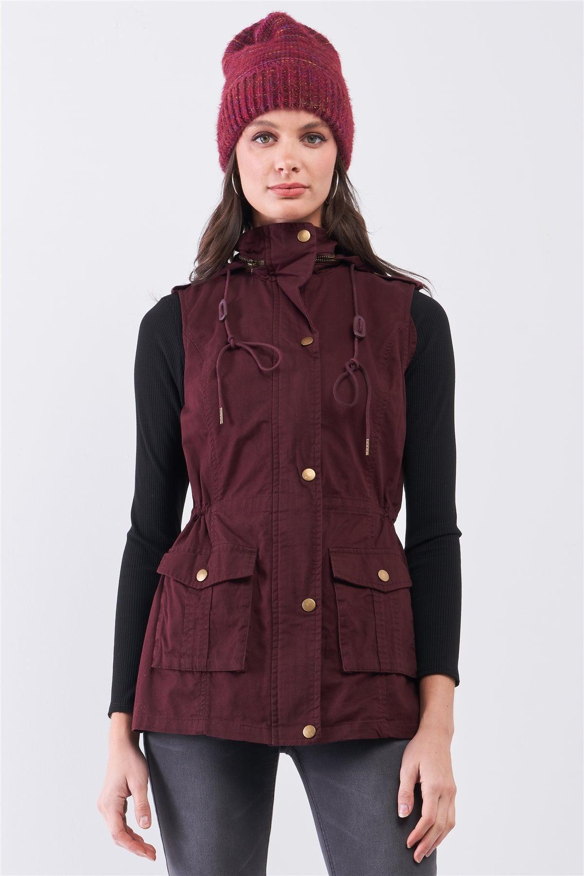 Burgundy Sleeveless Foldable Detachable Hood Detail Parka Utility Vest /1-3-2