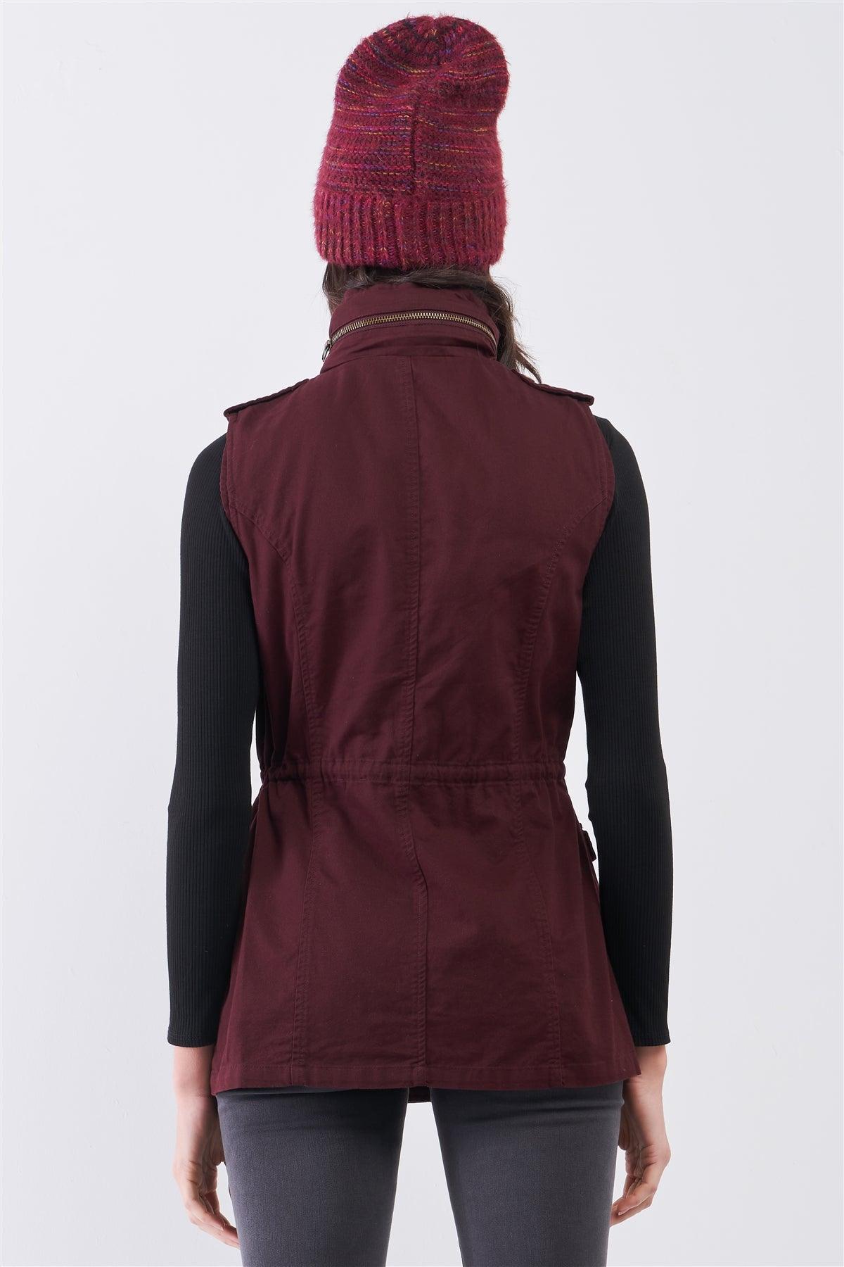 Burgundy Sleeveless Foldable Detachable Hood Detail Parka Utility Vest /1-3-2