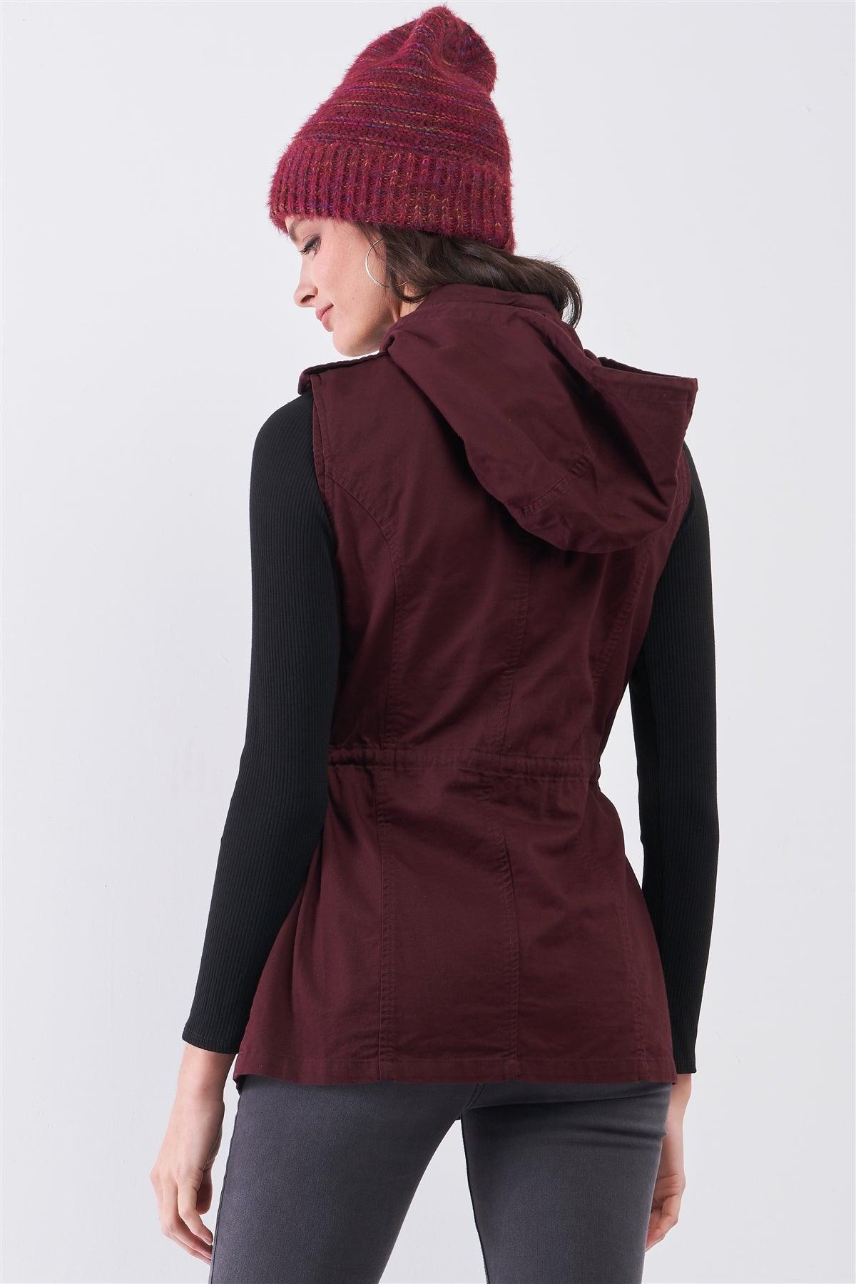 Burgundy Sleeveless Foldable Detachable Hood Detail Parka Utility Vest /1-3-2