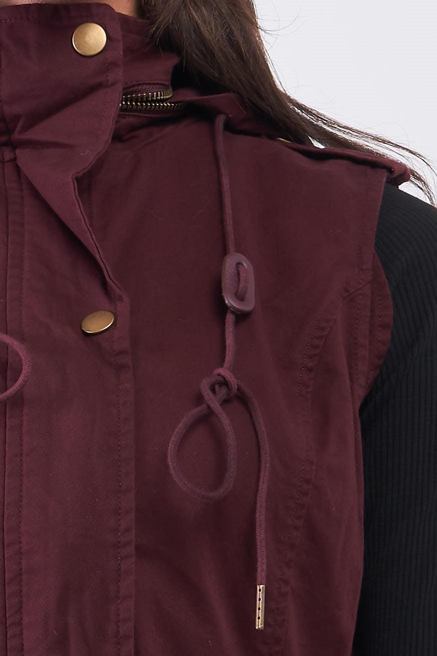 Burgundy Sleeveless Foldable Detachable Hood Detail Parka Utility Vest /1-3-2