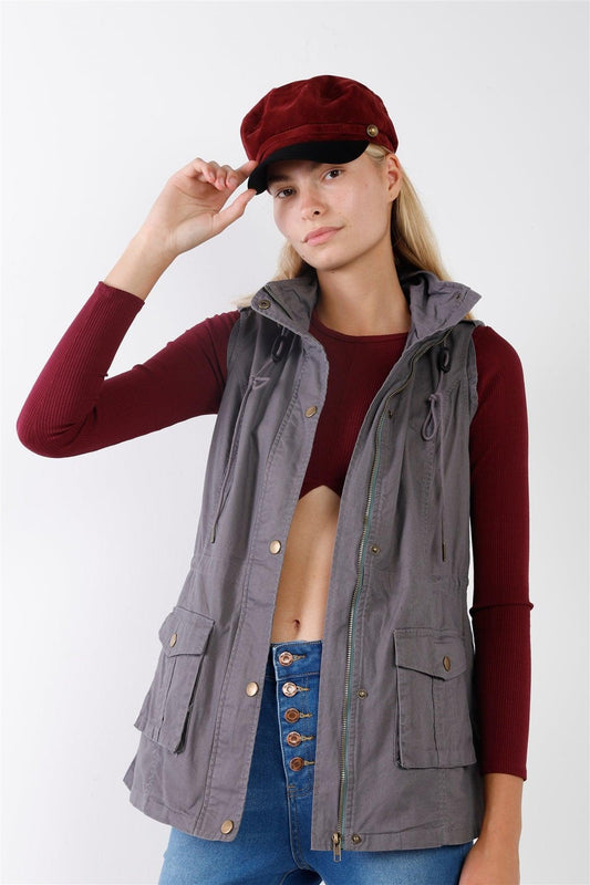 Grey Sleeveless Foldable Detachable Hood Detail Parka Utility Vest