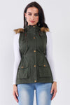 Military Olive Sleeveless Foldable Hood With Detachable Faux Fur Trim Parka Vest /1-3