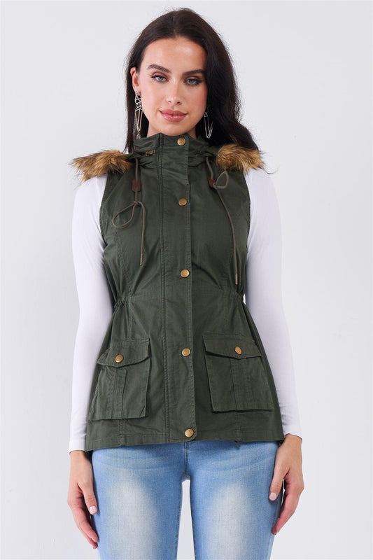 Military Olive Sleeveless Foldable Hood With Detachable Faux Fur Trim Parka Vest /1-3