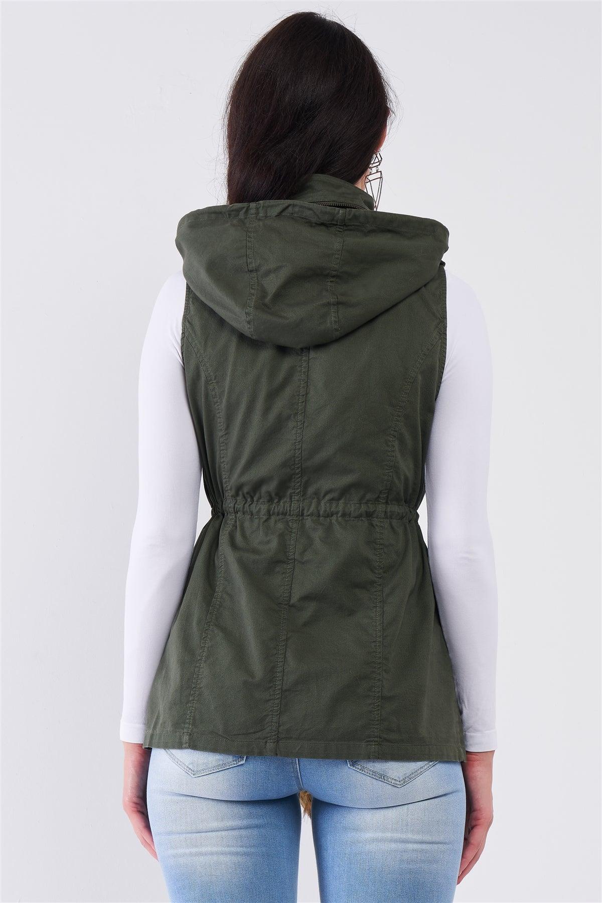 Military Olive Sleeveless Foldable Hood With Detachable Faux Fur Trim Parka Vest /1-3