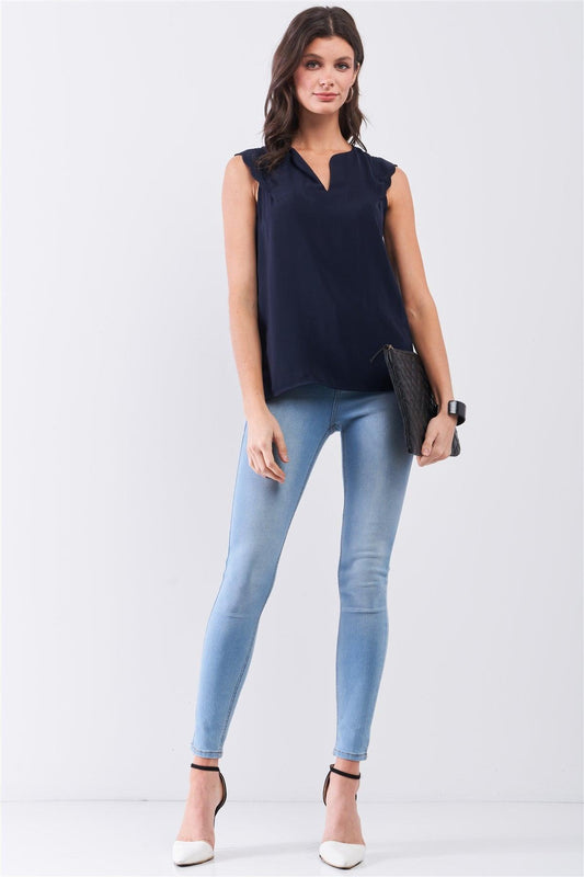 Navy Slit Neckline Scallop Hem Shoulder Detail Loose Fit Tank Top /3-2