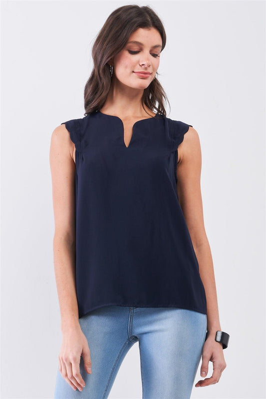 Navy Slit Neckline Scallop Hem Shoulder Detail Loose Fit Tank Top /1-1-2-1-1