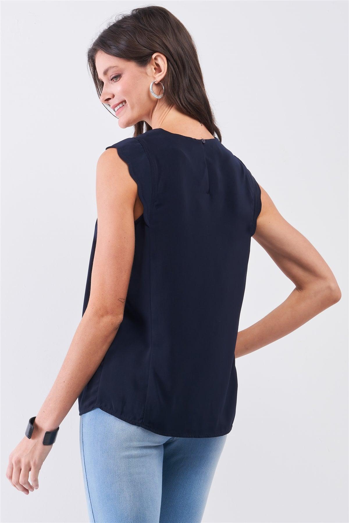 Navy Slit Neckline Scallop Hem Shoulder Detail Loose Fit Tank Top /1-1-2-1-1