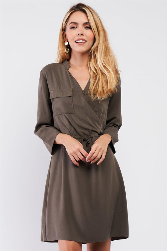 Olive Safari Wrap Front Pockets 3/4 Lapel Sleeve Self-Tie Waist Detail Mini Dress /1-3-2