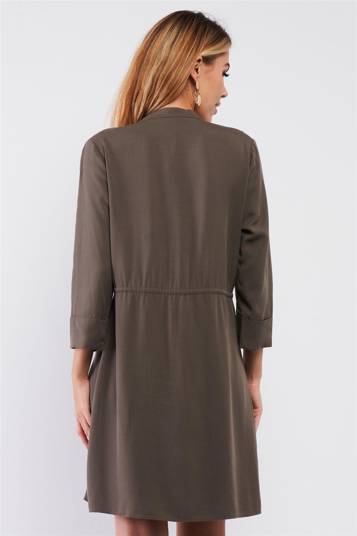 Olive Safari Wrap Front Pockets 3/4 Lapel Sleeve Self-Tie Waist Detail Mini Dress /1-3-2