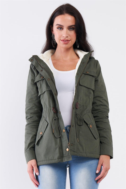 Olive Adjustable Fit Fleece Lining Detachable Hood Detail Zip-Up Utility Jacket /1-1-2-1