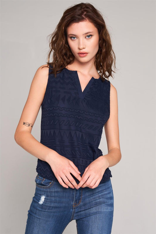 Navy Blue Sleeveless Geometric Embroidered Insert Front Trim V-Cut Neck Relaxed Top /2-3-2-1