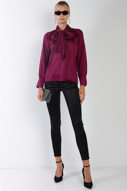 Violet Satin Long Sleeve Tie-Neck Blouse Top /2-3