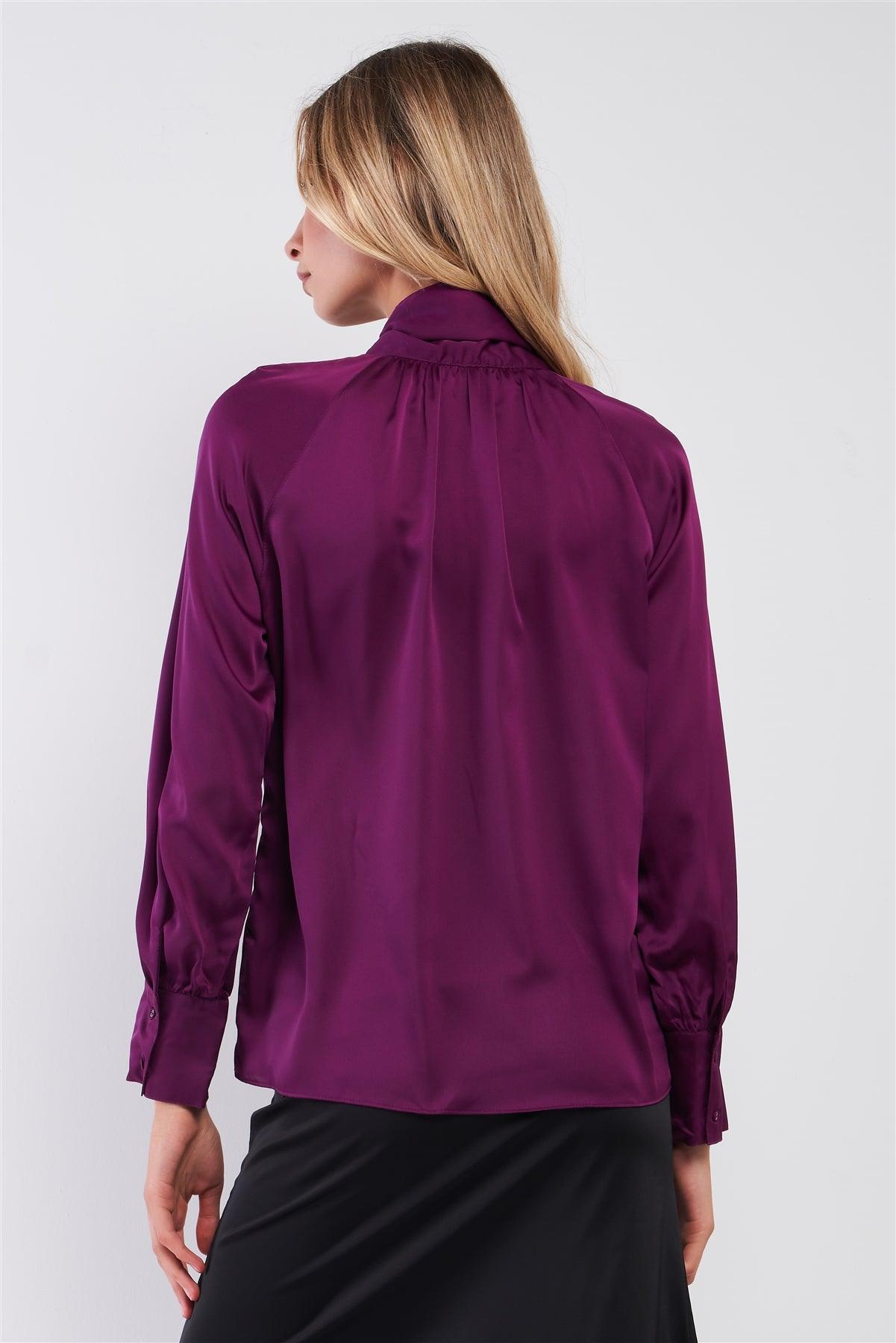 Violet Satin Long Sleeve Tie-Neck Blouse Top /2-3