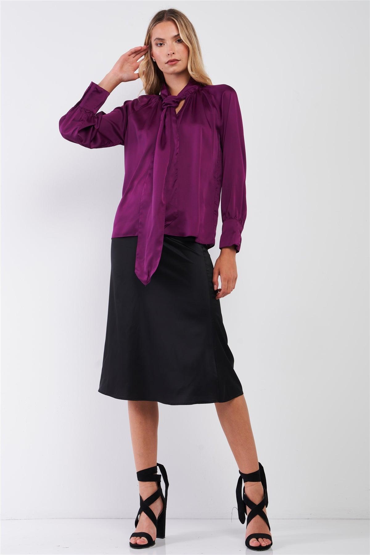 Violet Satin Long Sleeve Tie-Neck Blouse Top /2-3