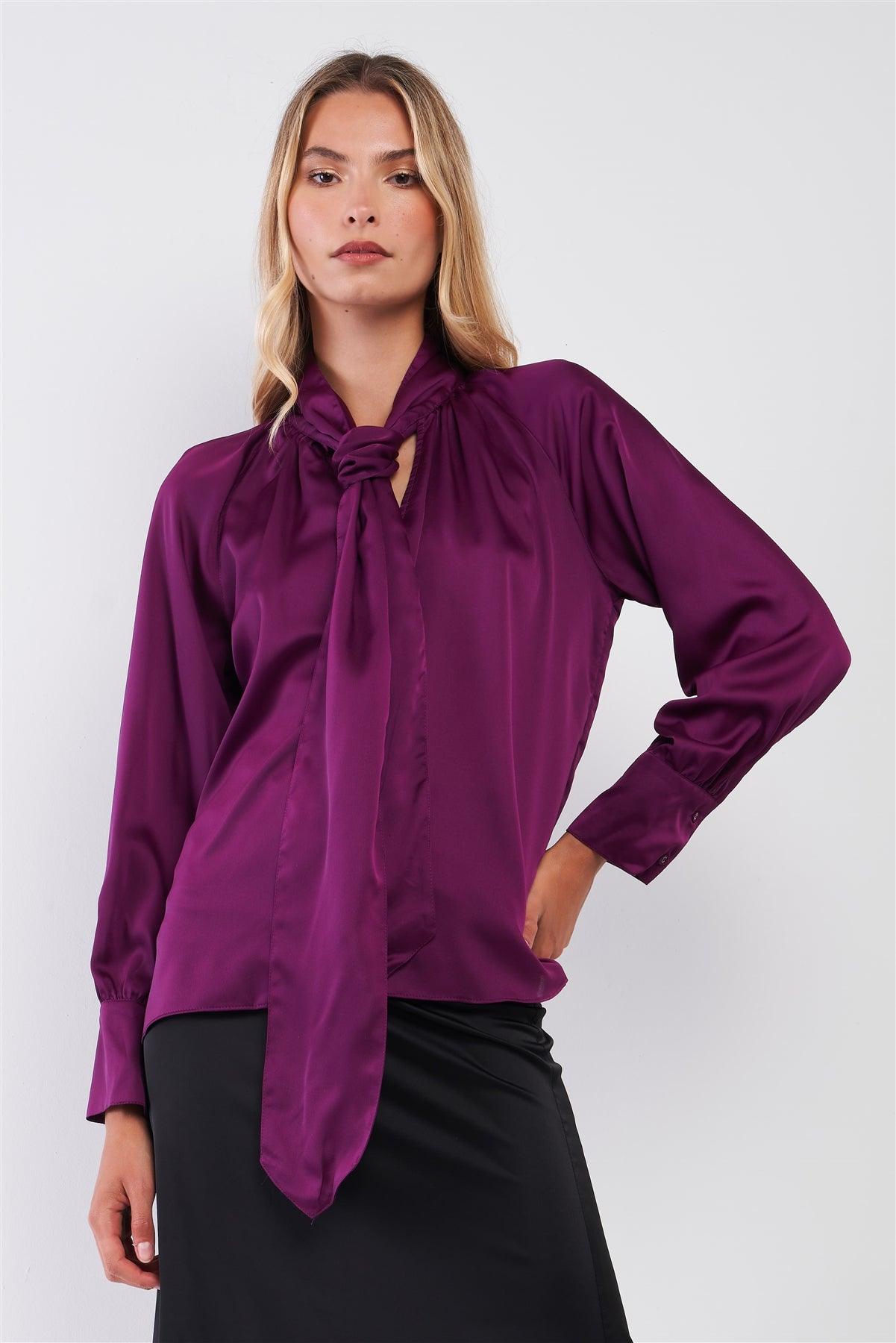 Violet Satin Long Sleeve Tie-Neck Blouse Top /2-3