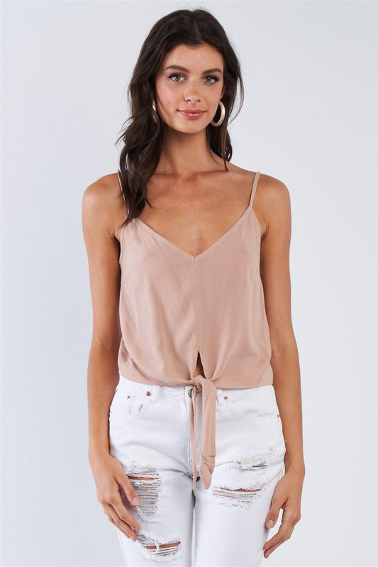 Smoke Taupe Rose Font Tummy Tie  V-Neck Cami Crop Top /1-2-2