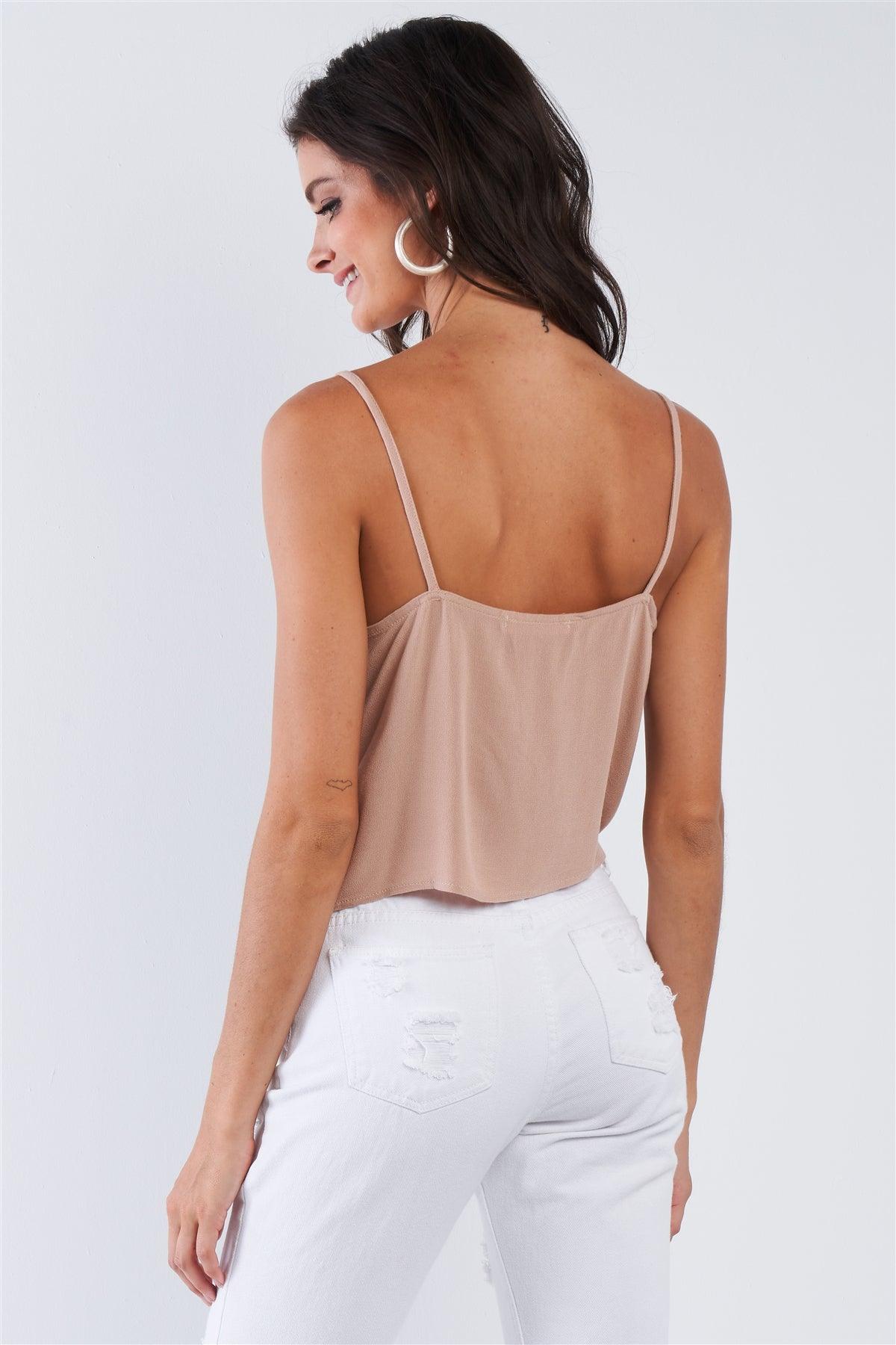 Smoke Taupe Rose Font Tummy Tie  V-Neck Cami Crop Top