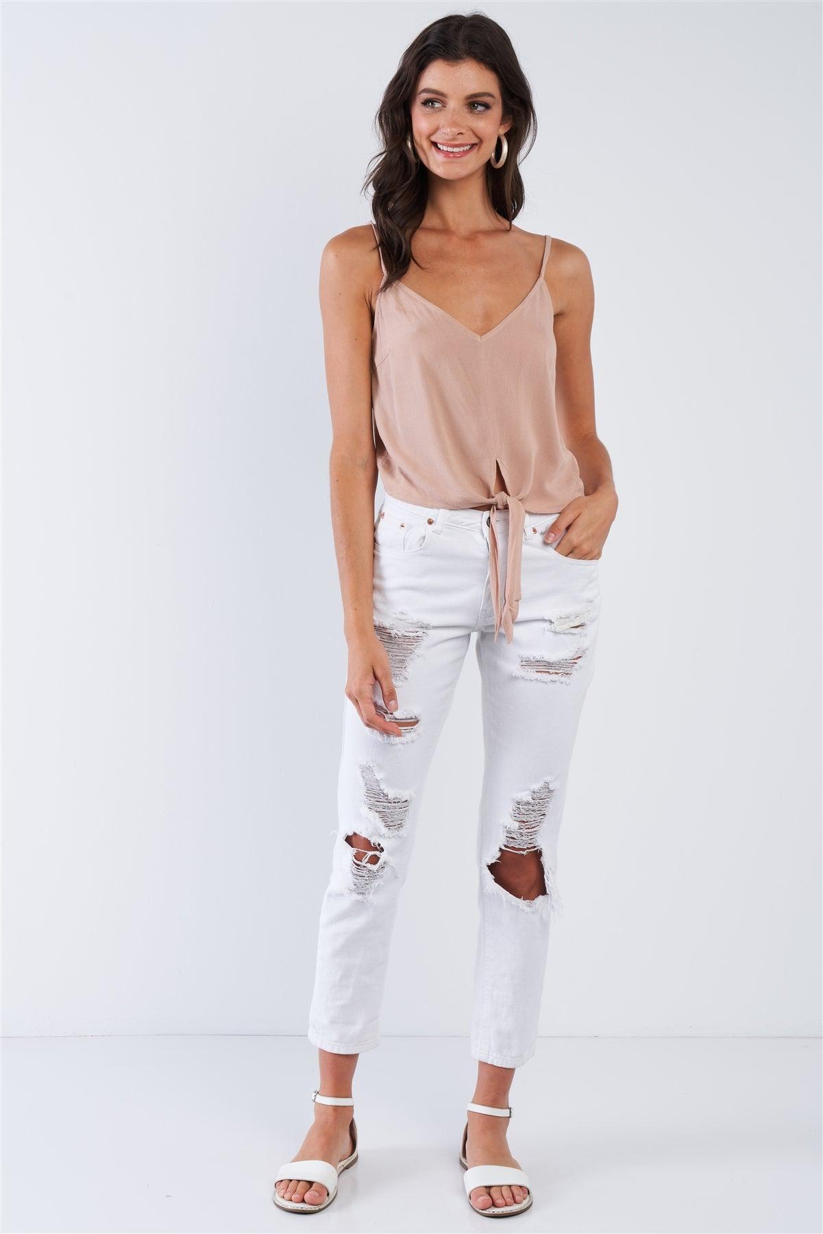 Smoke Taupe Rose Font Tummy Tie  V-Neck Cami Crop Top