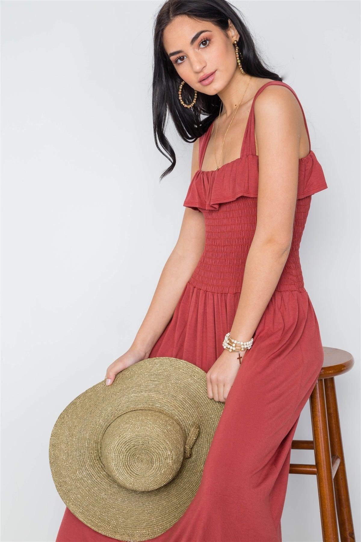 Rust Solid Smocked Flawy Maxi Dress /3-2-1