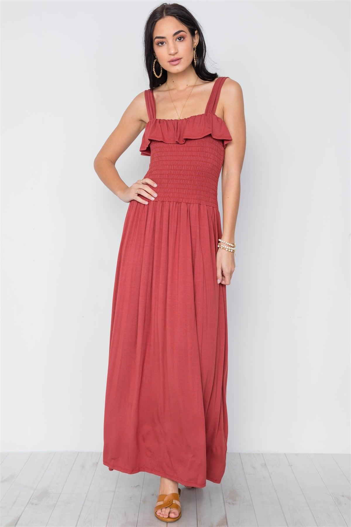 Rust Solid Smocked Flawy Maxi Dress /3-2-1