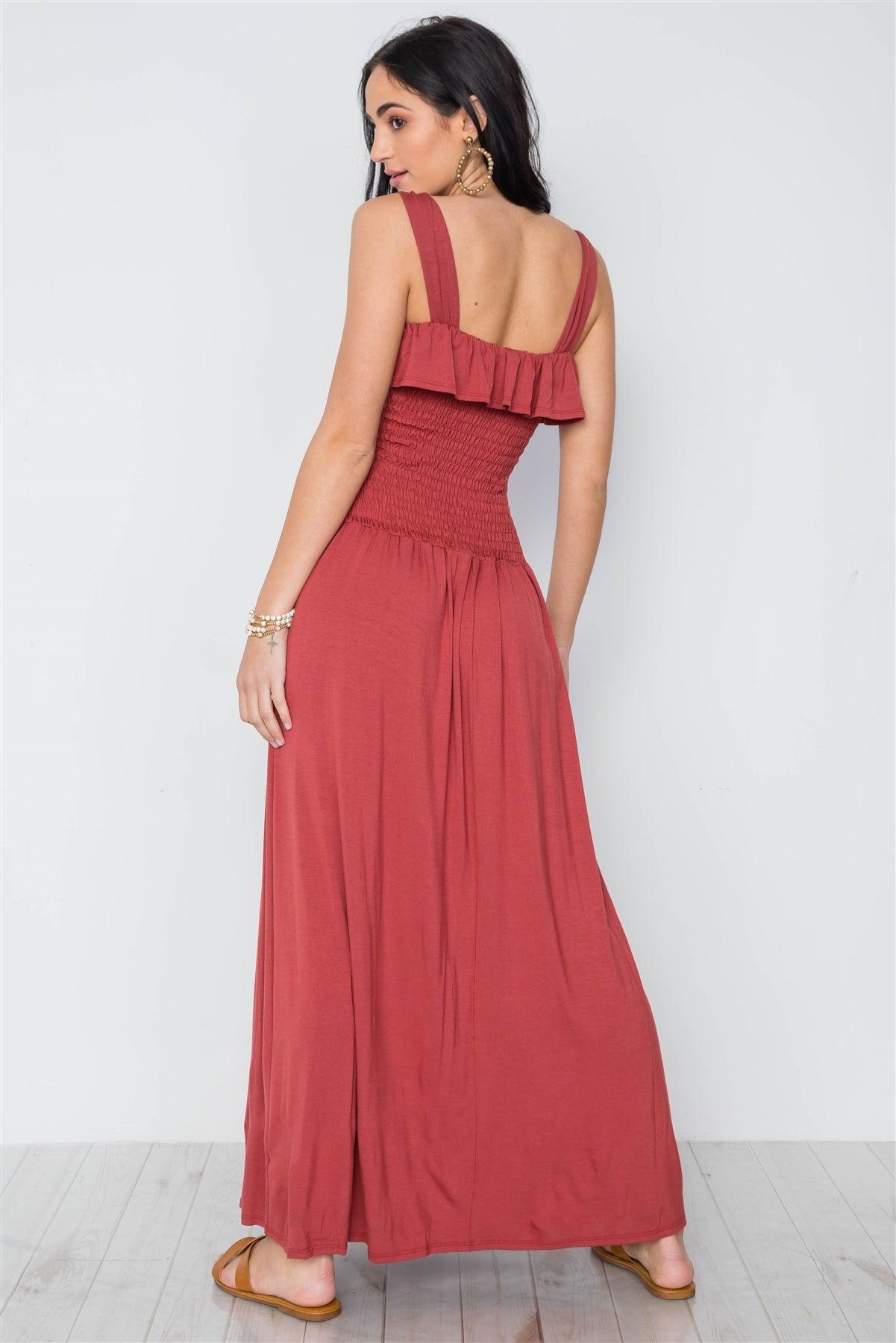 Rust Solid Smocked Flawy Maxi Dress /3-2-1