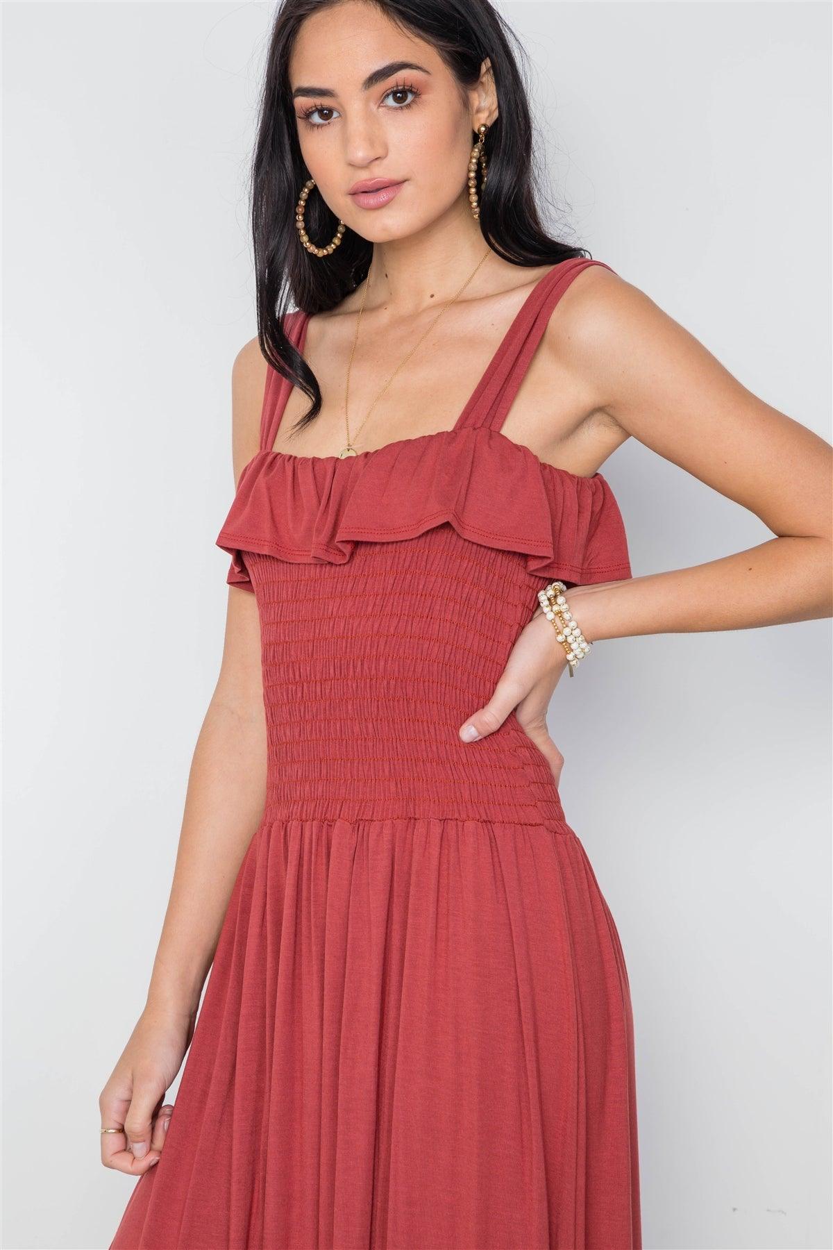 Rust Solid Smocked Flawy Maxi Dress /3-2-1