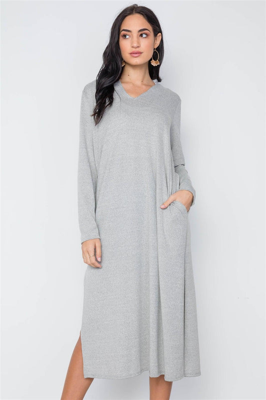 Grey Knit Long Sleeve V-Neck Hooded Midi Sweater Dress /2-1