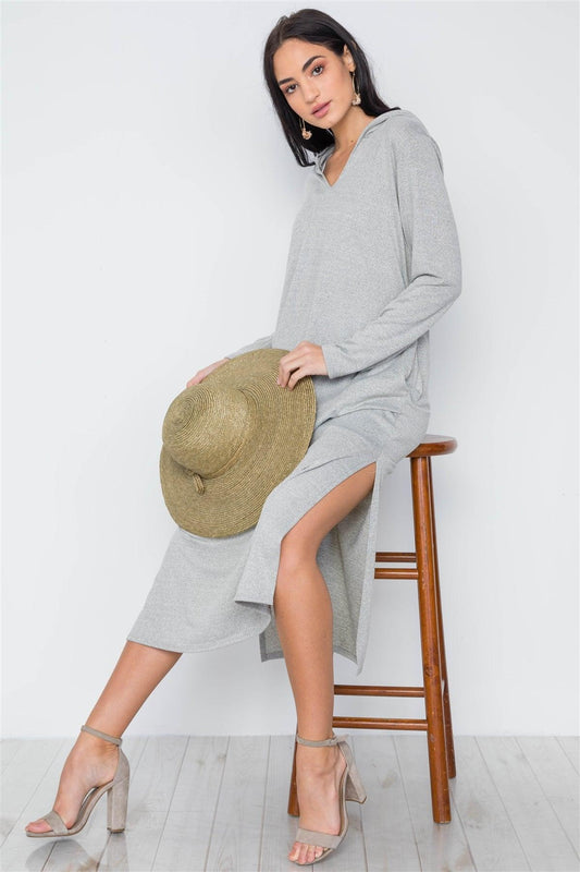 Grey Knit Long Sleeve V-Neck Hooded Midi Sweater Dress /3-2-1