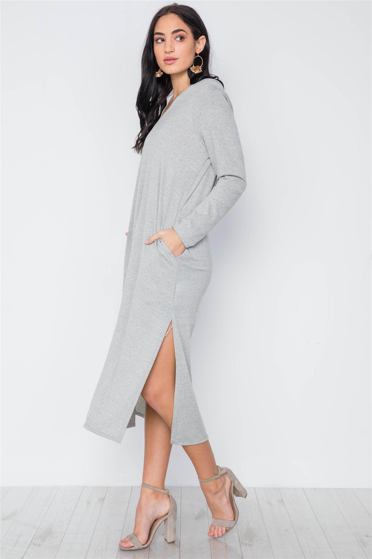 Grey Knit Long Sleeve V-Neck Hooded Midi Sweater Dress /3-2-1