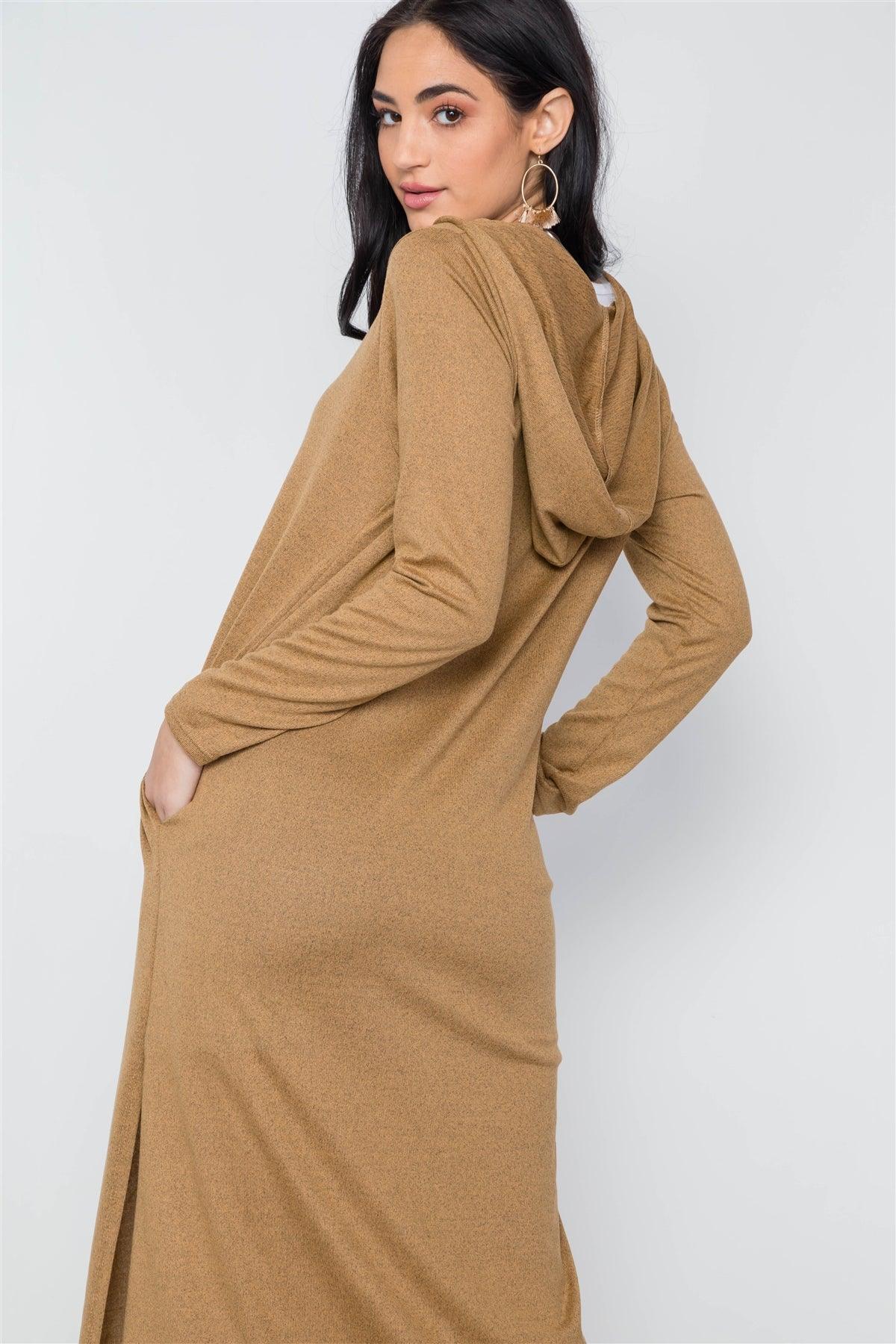 Mustard Knit Long Sleeve V-Neck Hooded Midi Sweater Dress /2-2-1