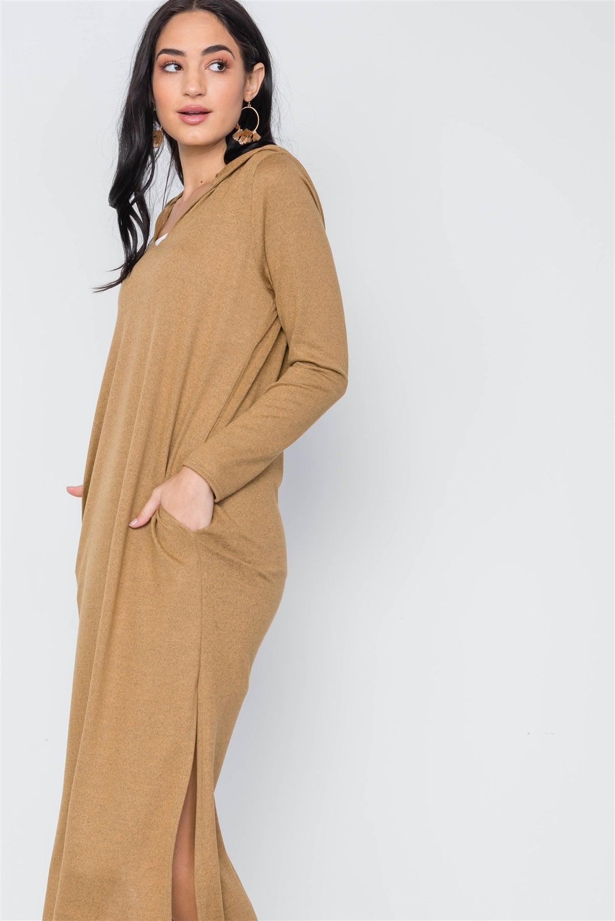 Mustard Knit Long Sleeve V-Neck Hooded Midi Sweater Dress /2-2-1