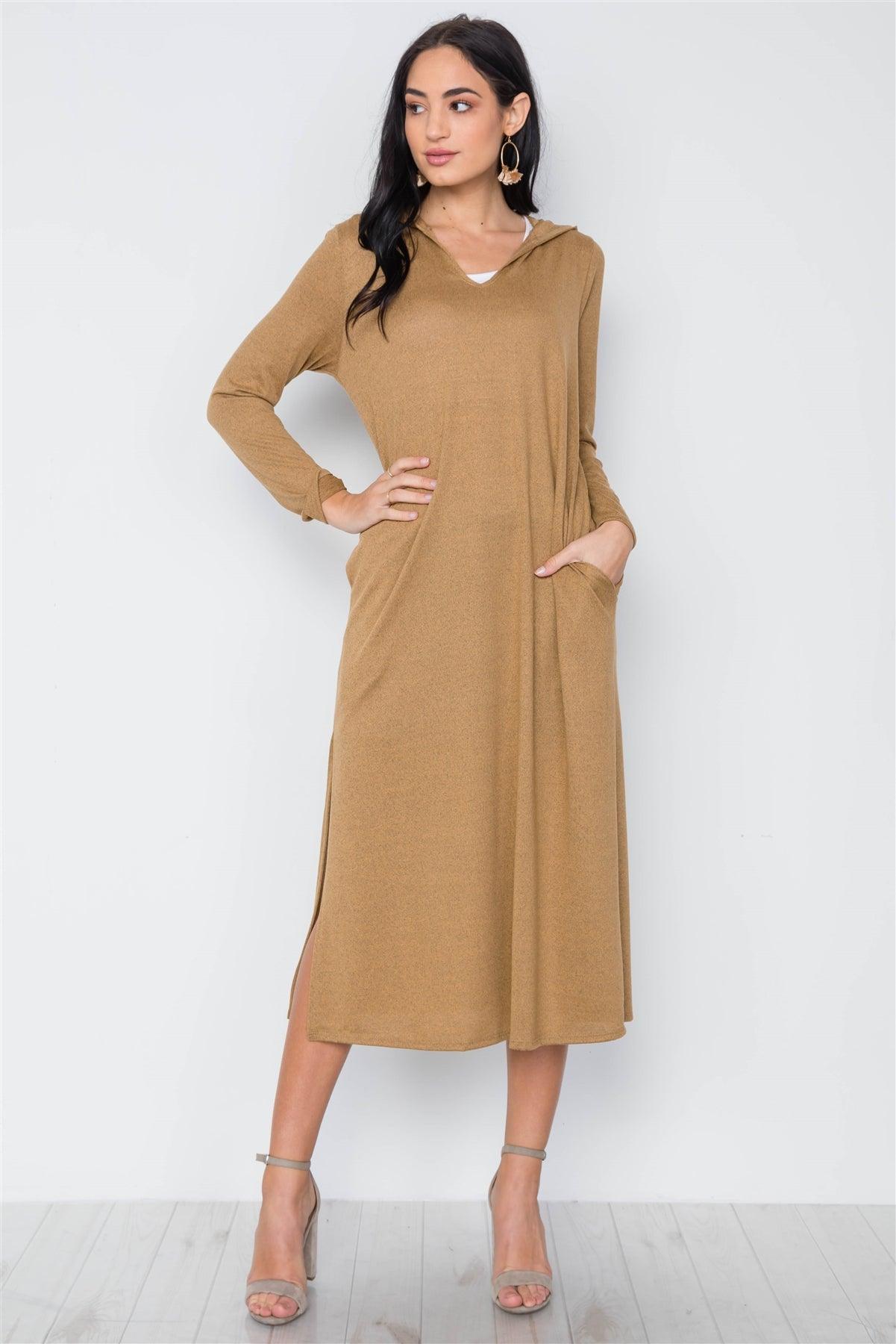 Mustard Knit Long Sleeve V-Neck Hooded Midi Sweater Dress /3-2-1