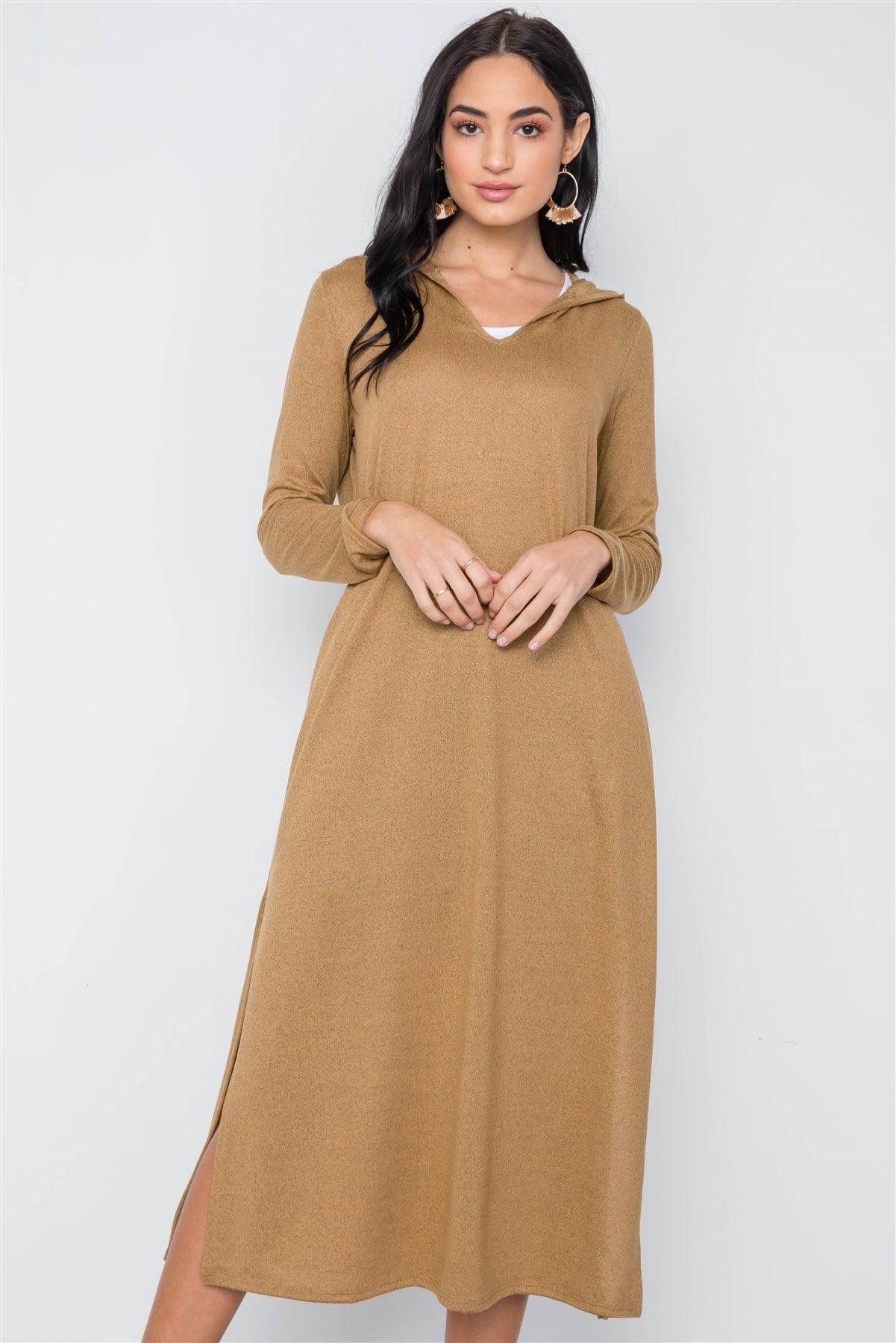 Mustard Knit Long Sleeve V-Neck Hooded Midi Sweater Dress /3-2-1