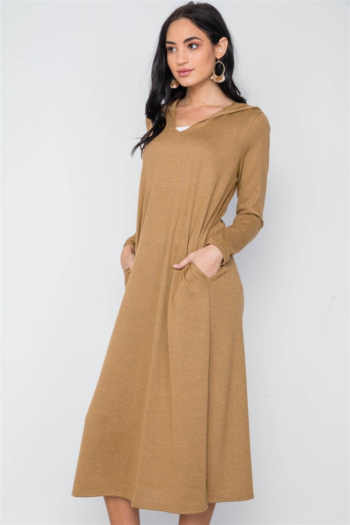 Mustard Knit Long Sleeve V-Neck Hooded Midi Sweater Dress /3-2-1