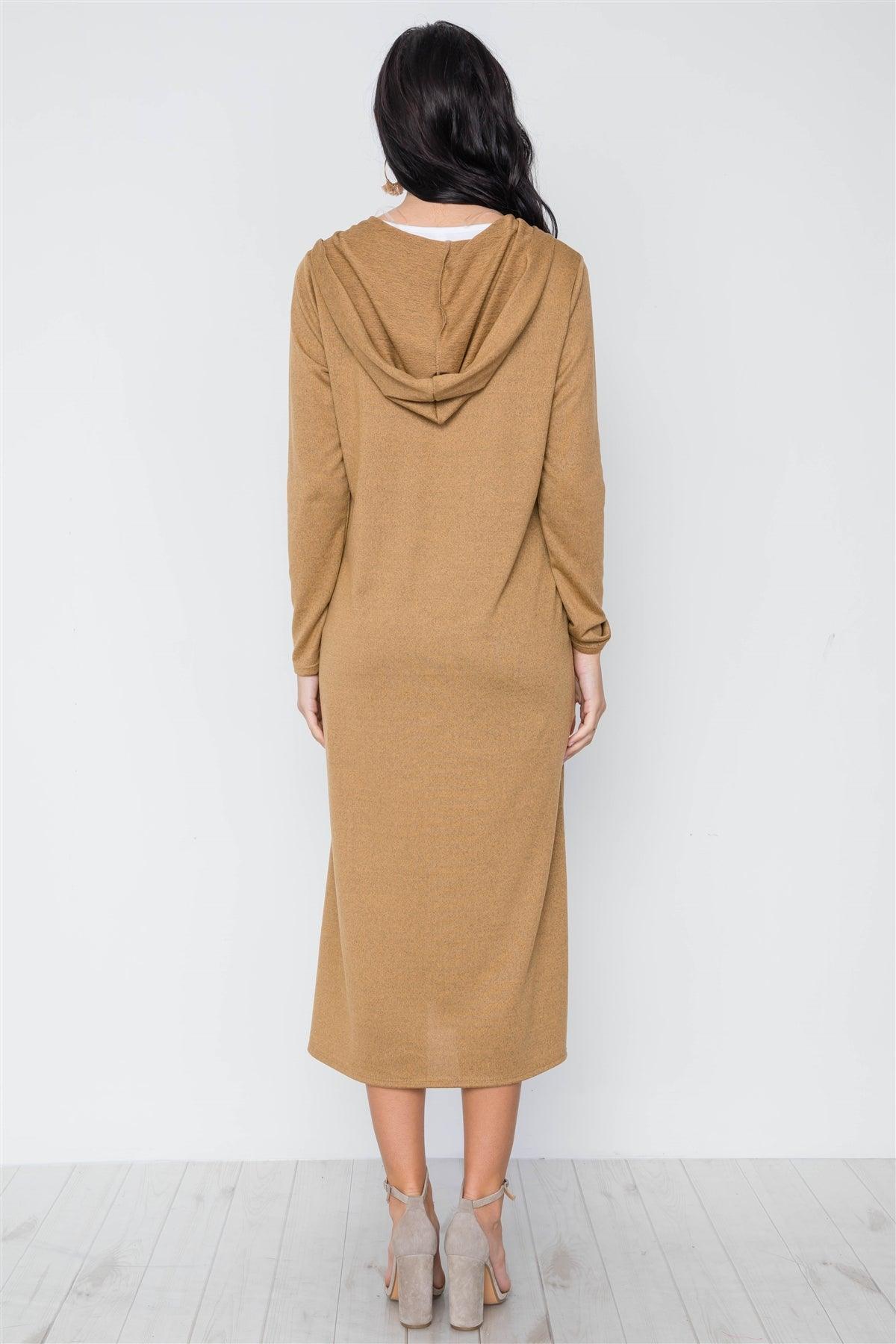 Mustard Knit Long Sleeve V-Neck Hooded Midi Sweater Dress /3-2-1