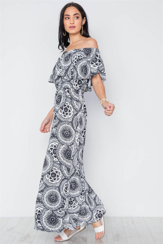 Multi Black Paisley Print Off-The Shoulder Flounce Maxi Dress /3-2-1