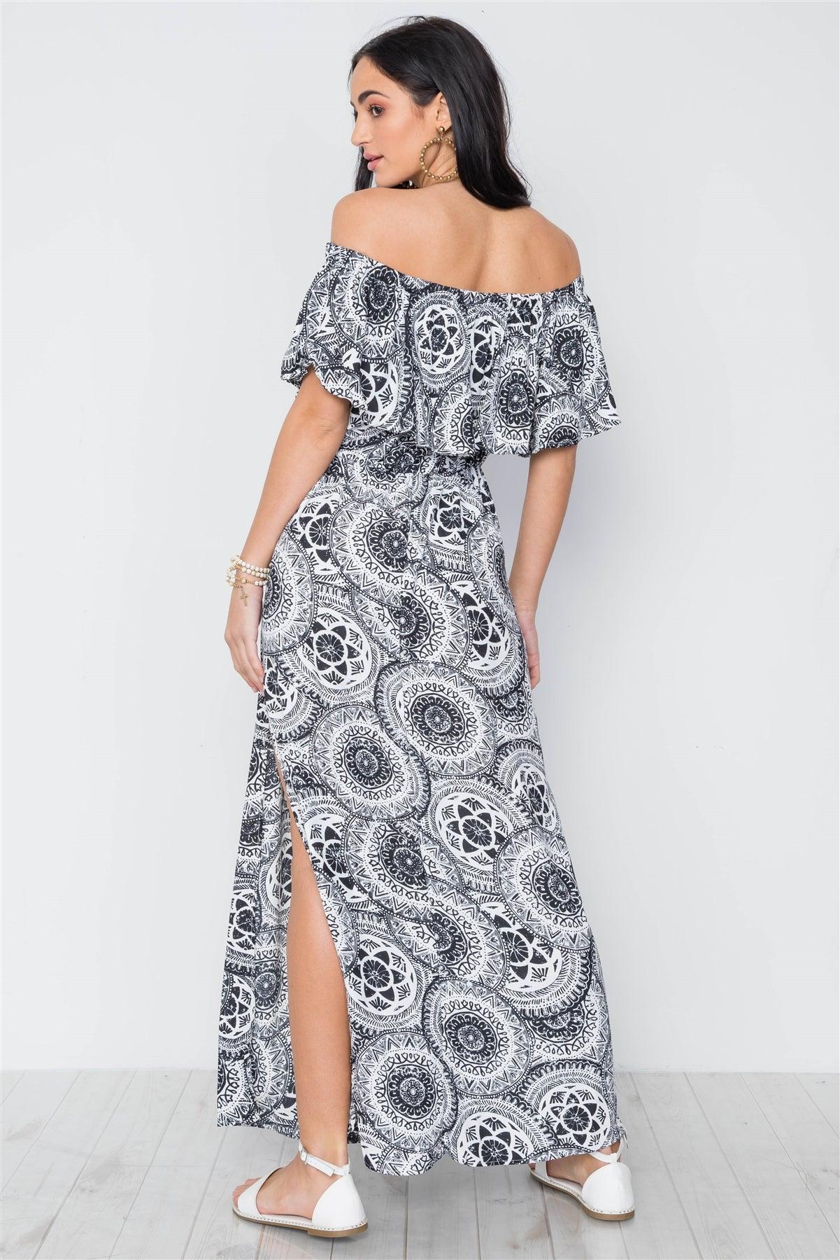 Multi Black Paisley Print Off-The Shoulder Flounce Maxi Dress /3-2-1