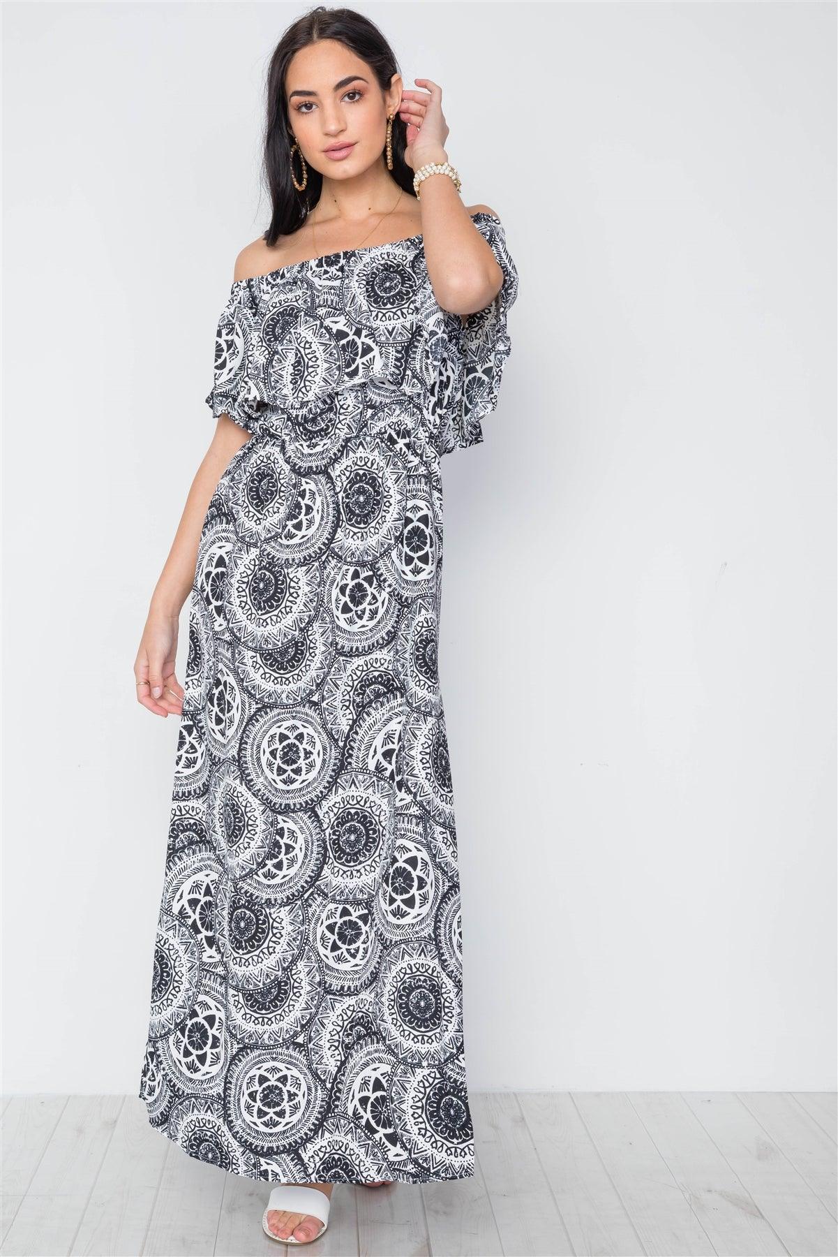 Multi Black Paisley Print Off-The Shoulder Flounce Maxi Dress /3-2-1