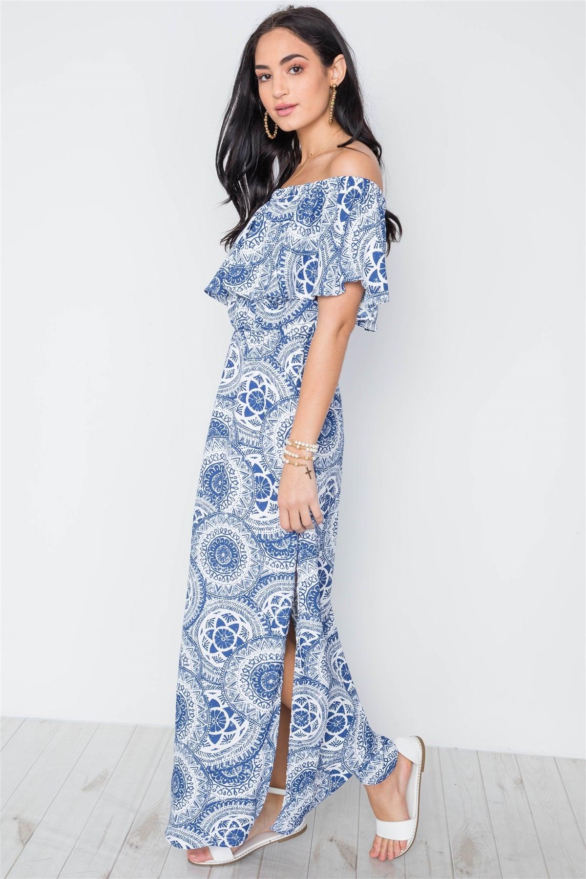 Multi Blue Paisley Print Off-The Shoulder Flounce Maxi Dress /3-2-1