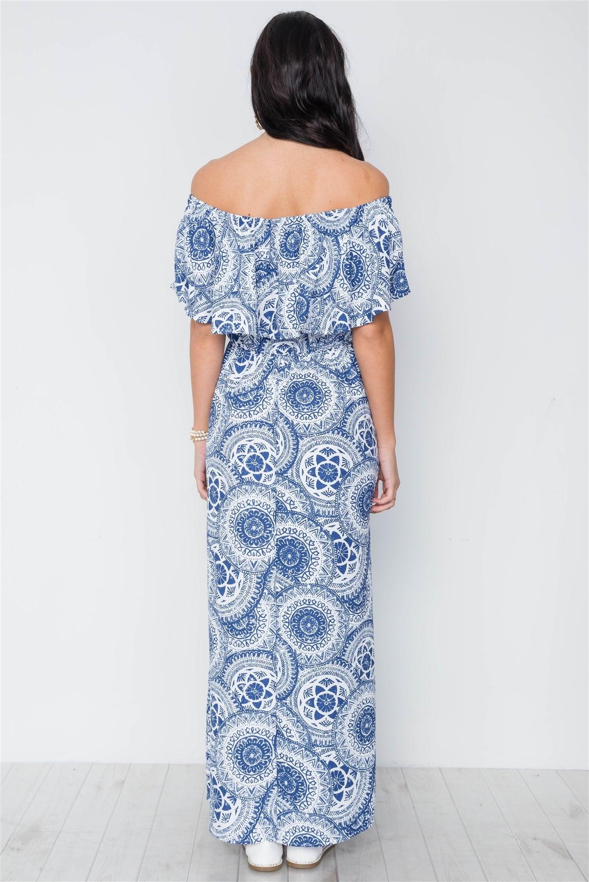 Multi Blue Paisley Print Off-The Shoulder Flounce Maxi Dress /3-2-1