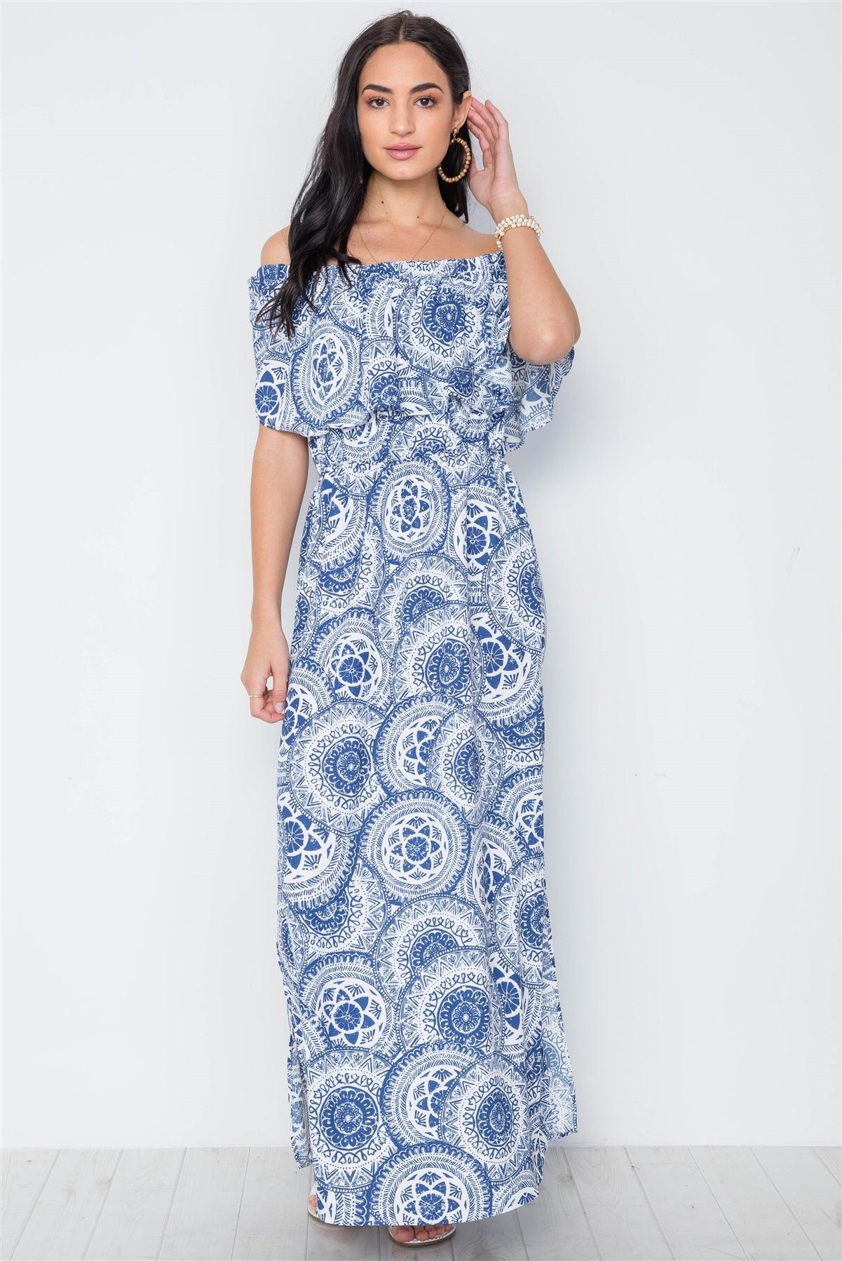 Multi Blue Paisley Print Off-The Shoulder Flounce Maxi Dress /3-2-1