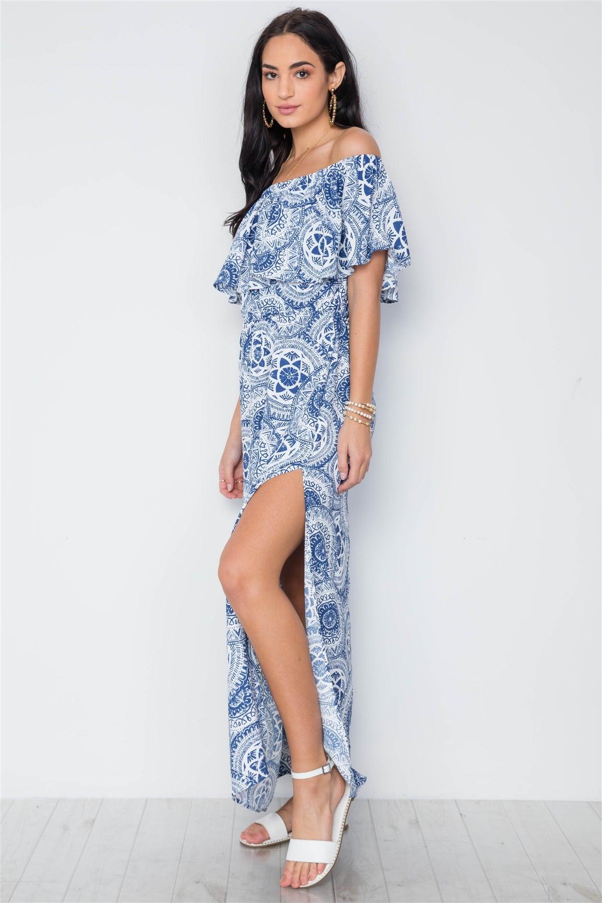 Multi Blue Paisley Print Off-The Shoulder Flounce Maxi Dress /3-2-1