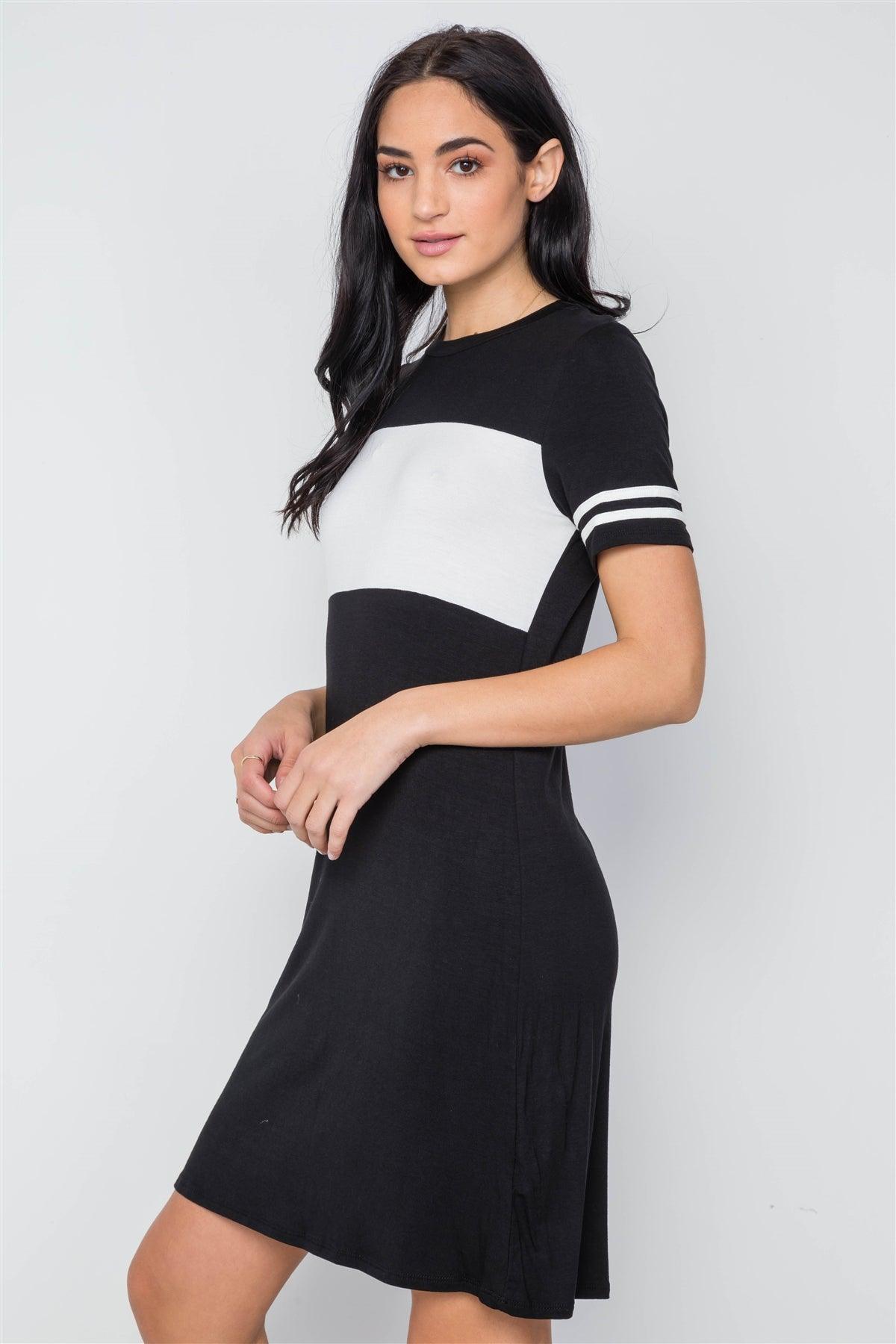 Black Color Block Short Sleeve Sporty Shirt Dress /3-2-1