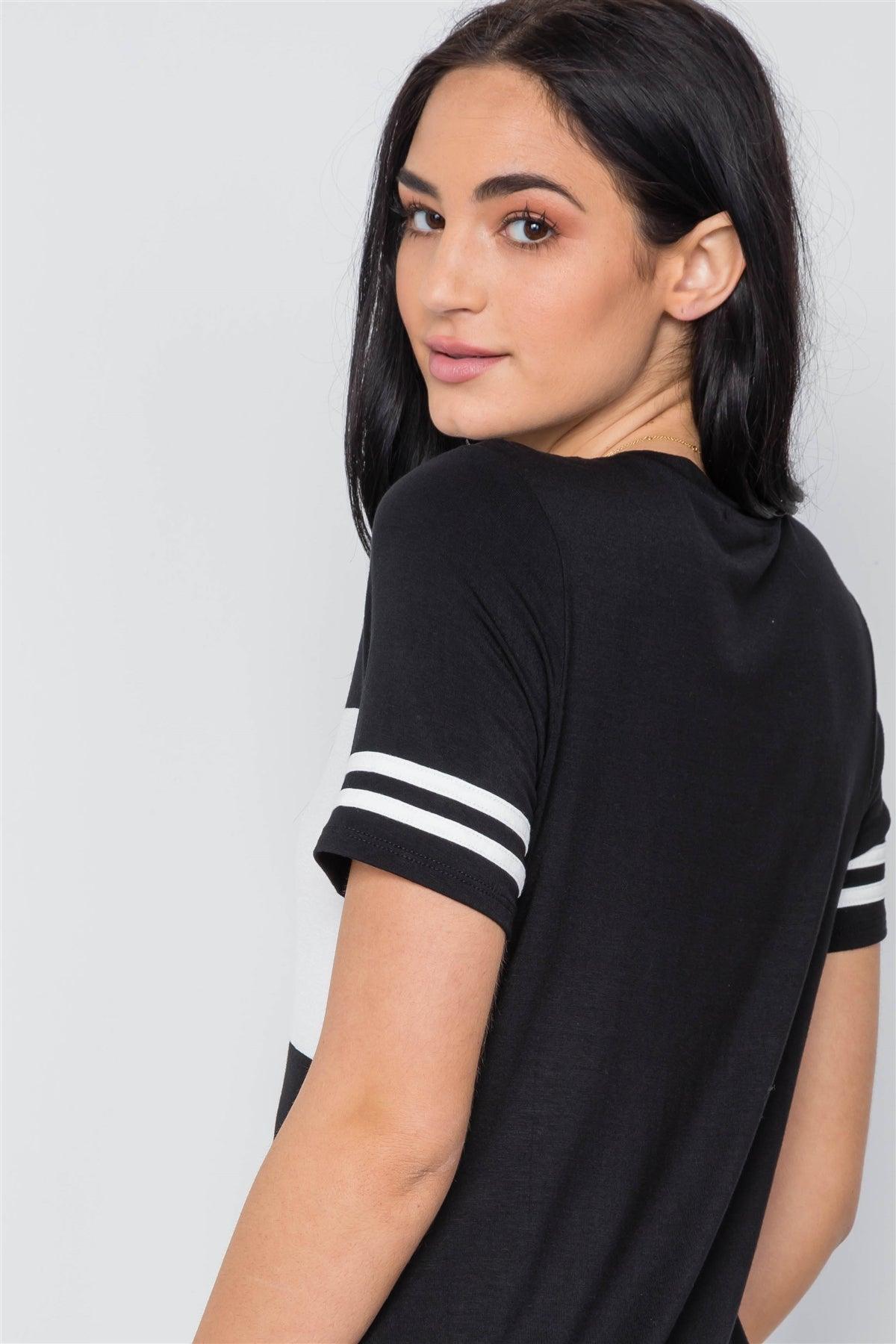 Black Color Block Short Sleeve Sporty Shirt Dress /3-2-1