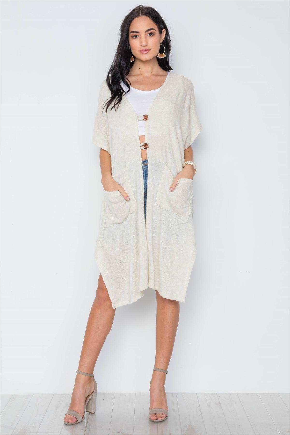 Cream Knit Side Tie Light Button Closure Cardigan /3-2